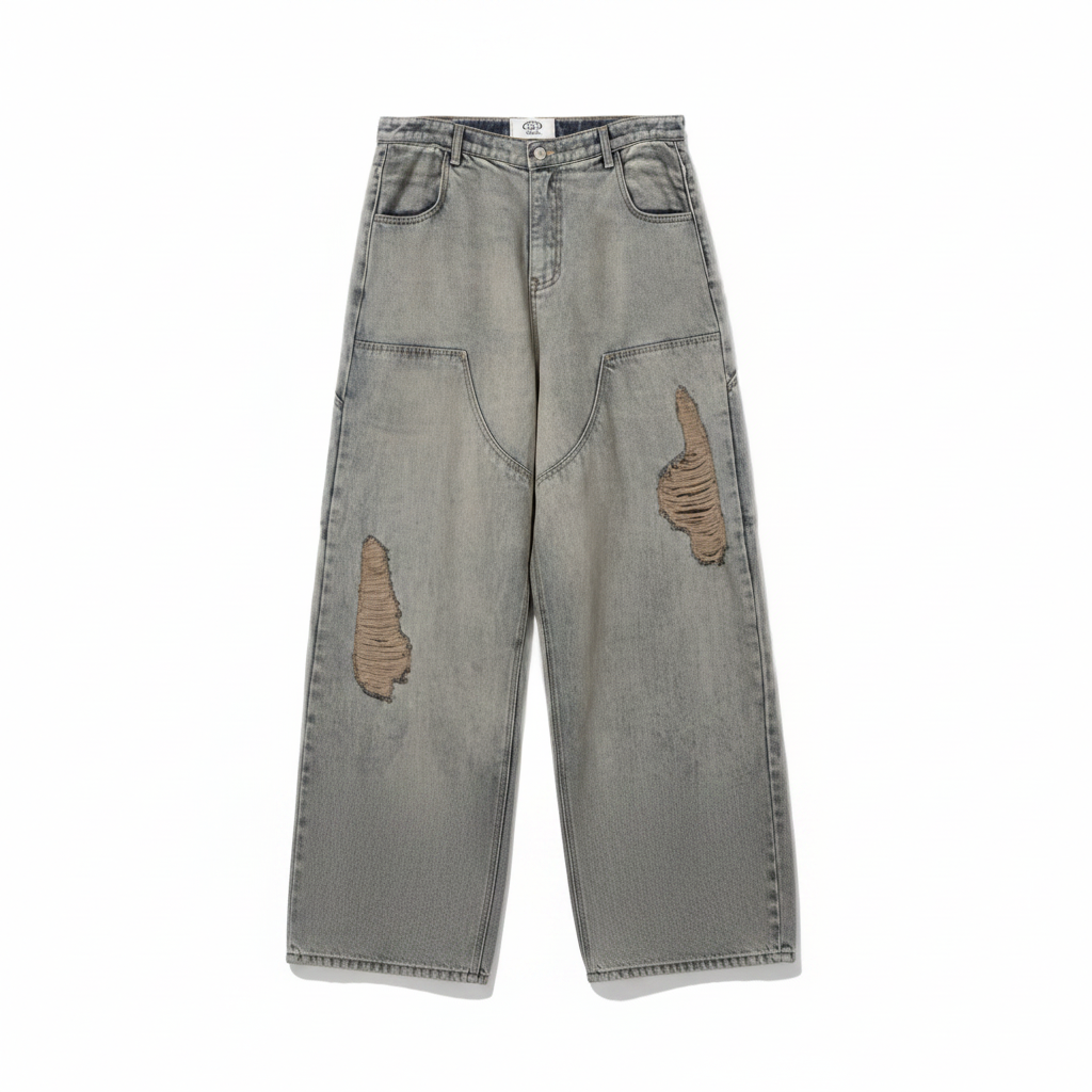 DOUBLE-KNEE CRACK-WASHED DENIM PANTS