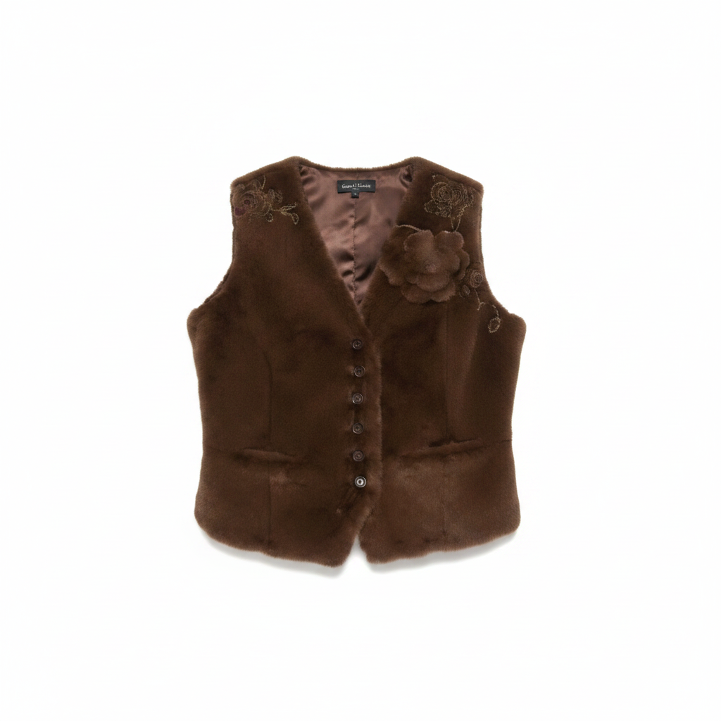 Floral Applique Fur Vest