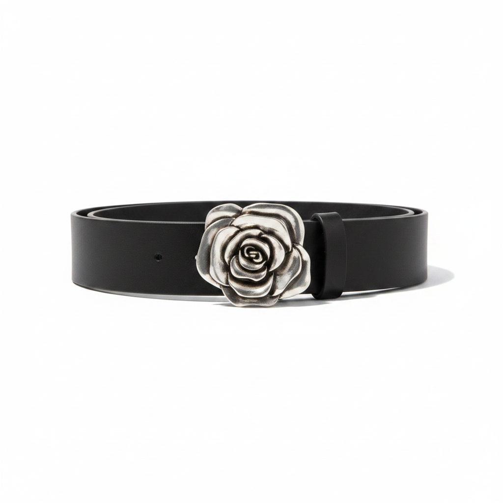 Leather Belt with Silver Pleated Flower Buckle
