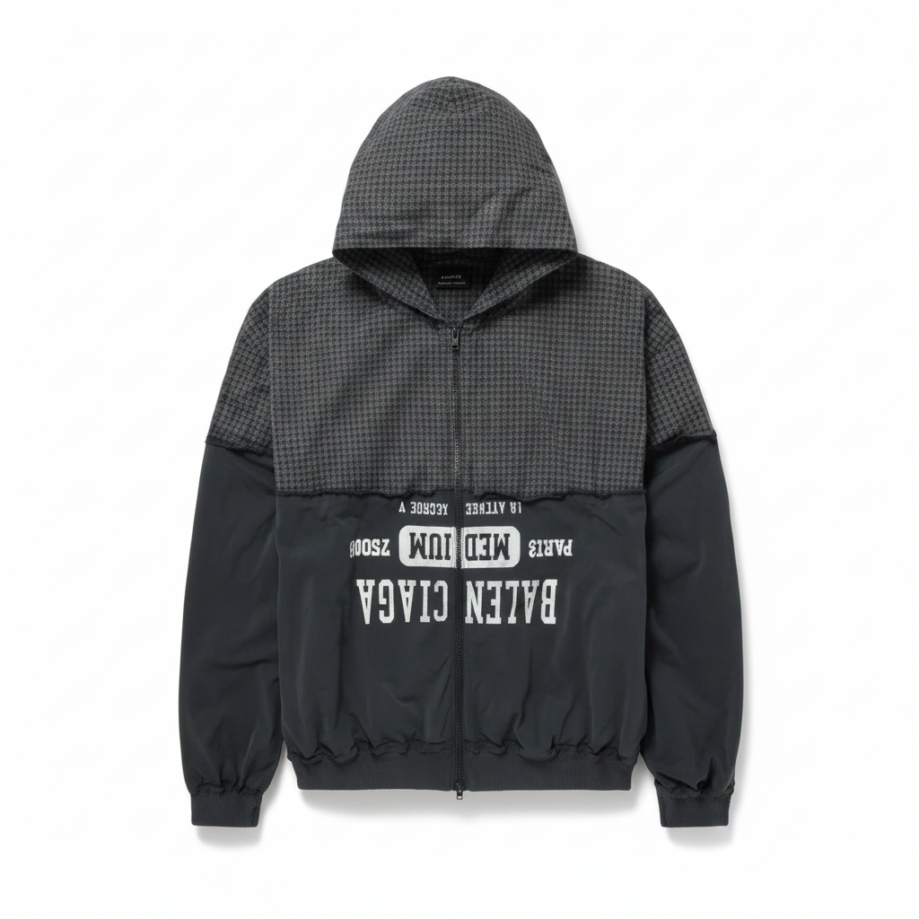 Distressed Logo-Print Checked Cotton-Twill & Jersey Hooded Jacket